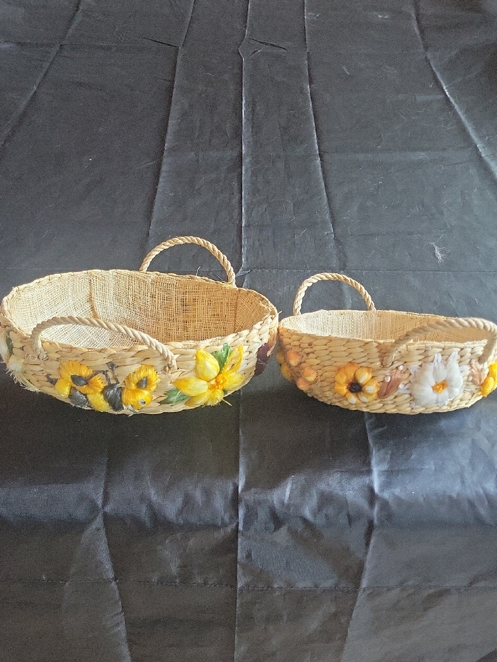 Handwoven Natural Seagrass Basket Set with Yellow Floral Accents - Home Accents